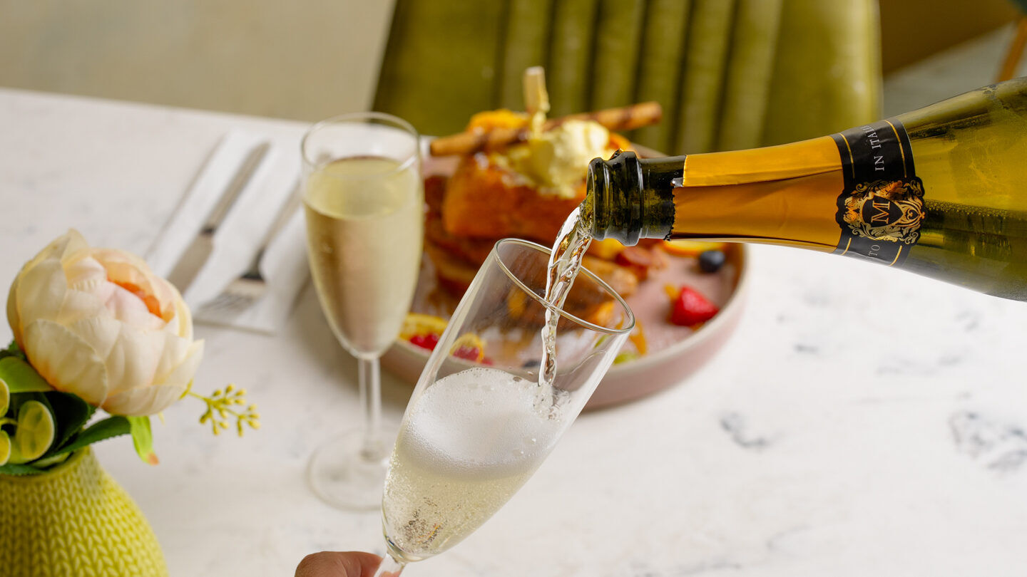 Prosecco poured at a bottomless brunch at Fabrice Brasserie, Milton Keynes